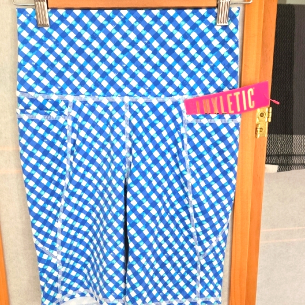 Lilly Pulitzer South Beach Highrise Blue/White Check Bicycle Tights UPF50 NWT